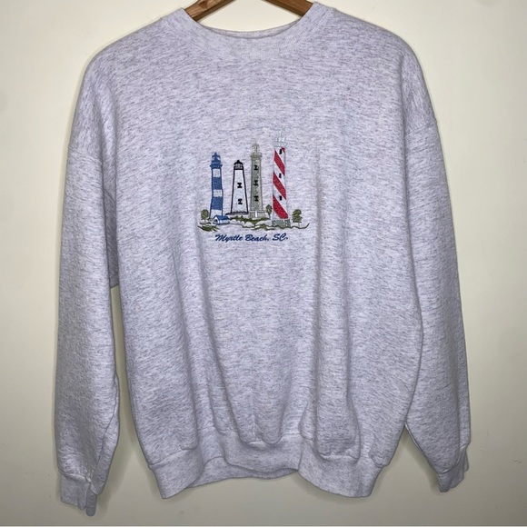 Vintage Large Myrtle Beach Embroidered Lighthouse Pullover Light Gray Sweatshirt - Picture 1 of 8